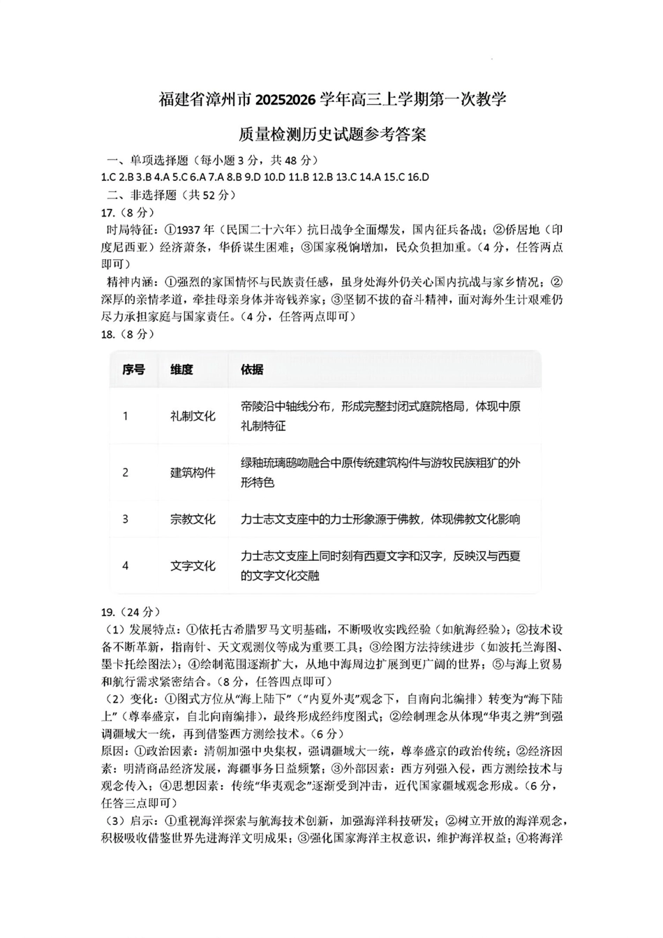 历史试题卷答案【福建卷】福建省漳州市2026届高三毕业班第一次教学质量检测(漳州高三一检)(9.1-9.3).pdf_第1页
