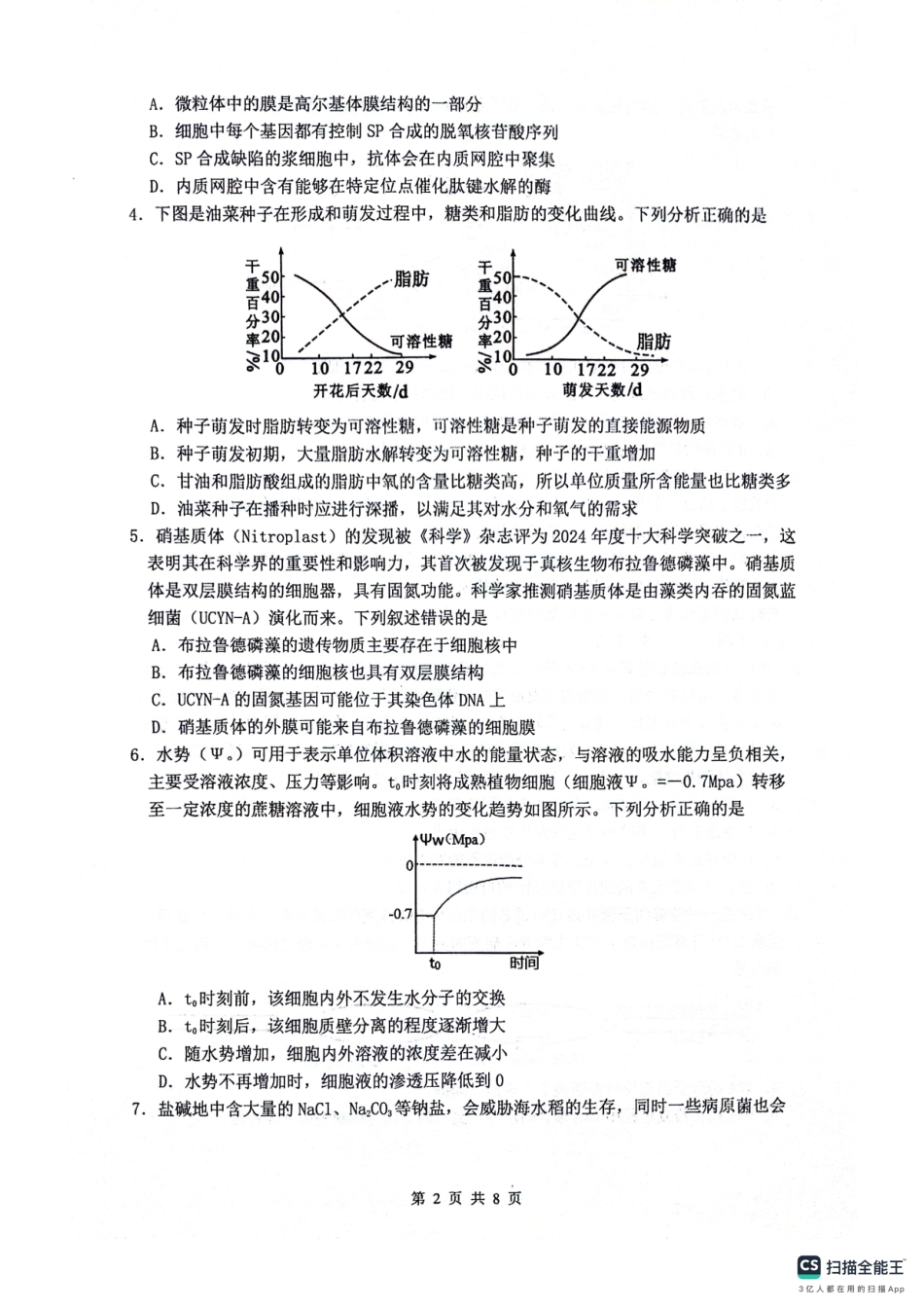 绵阳南山中学高2023级高三第二次教学质量检测生物+答案.pdf_第2页