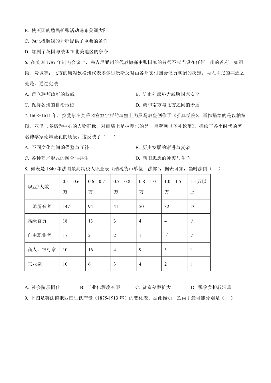 山西省太原市第五中学校2025-2026学年高二上学期开学考试历史试题（含答案）.pdf_第2页