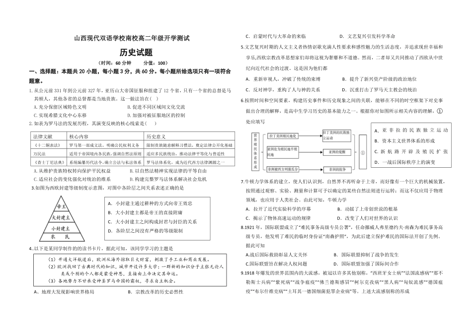 山西现代双语学校南校2025-2026学年高二上学期开学质量监测历史试题（含答案）.pdf_第1页