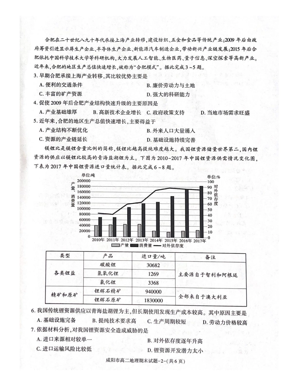 陕西省咸阳市2024-2025学年高二下学期期末考试地理含答案.pdf_第2页