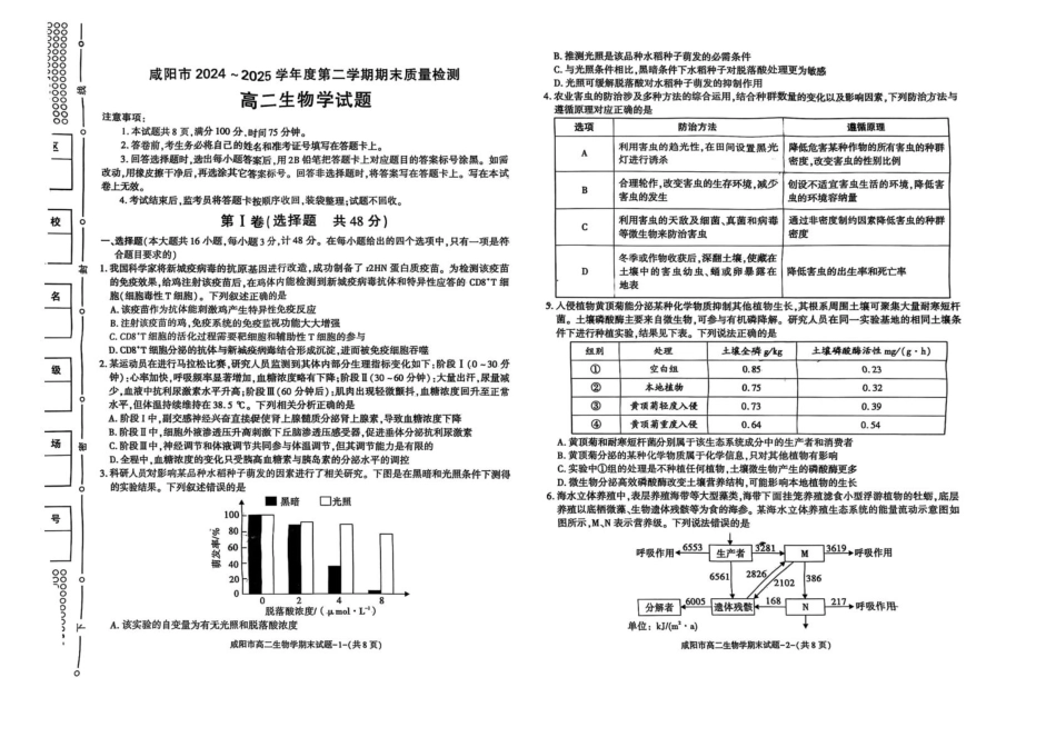 陕西省咸阳市2024-2025学年高二下学期期末考试生物含答案.pdf_第1页