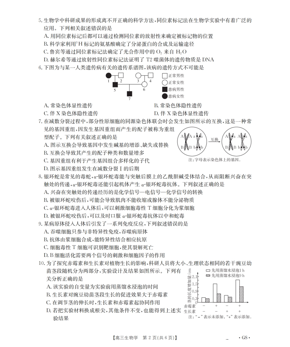 生物试卷(26-1001C)(下标GS)【甘肃卷】甘肃省金太阳2026届高三8月开学联考（26-1001C）（8.27-8.28）.pdf_第2页