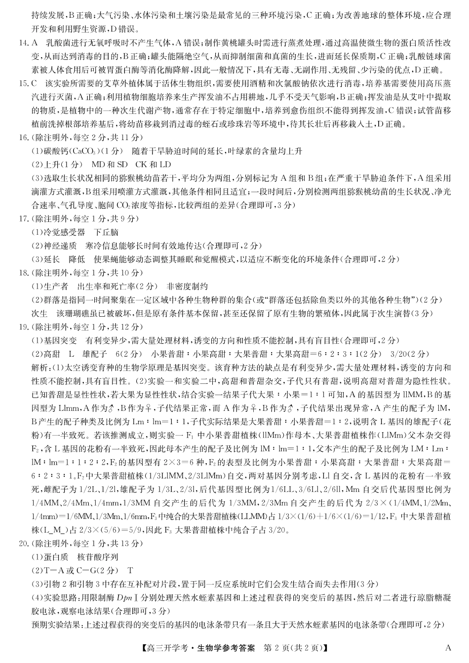 生物试卷(A)答案【安徽卷】安徽省九师联盟2026届高三9月开学联考(9.8-9.9).pdf_第2页