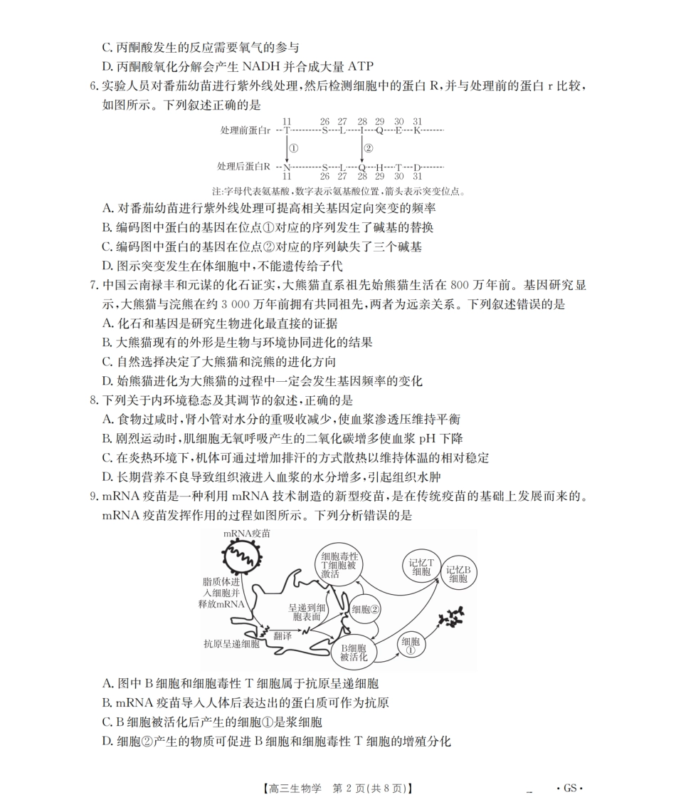 生物试卷(下标GS)【甘肃卷】甘肃省金太阳2026届高三9月开学联考（26-1002C）（9.9-9.10）.pdf_第2页