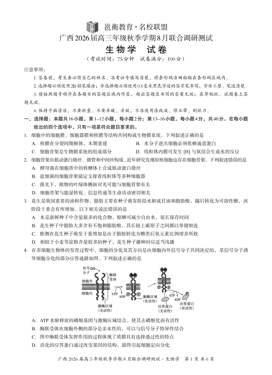 生物试卷【广西卷】广西壮族自治区邕衡教育名校联盟广西2026届高三年级秋季学期8月联合调研测试(8.19-8.20).pdf_第1页