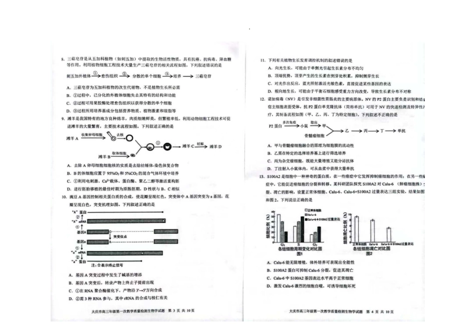 生物试卷【黑吉辽蒙卷】黑龙江省-大庆市2026届高三年级第一次教学质量检测(大庆一模)（9.11-9.12）.pdf_第2页
