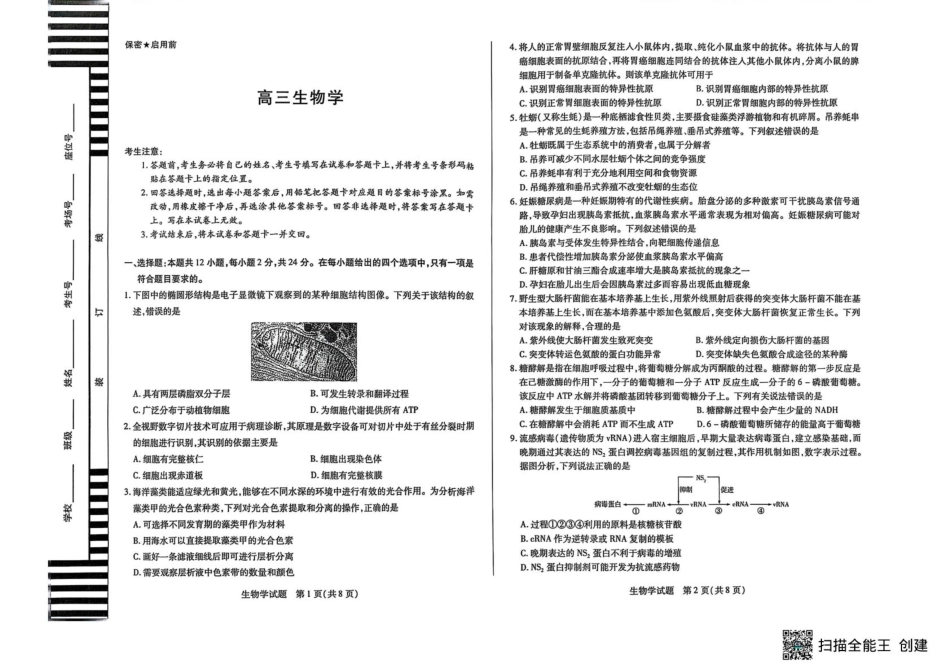 生物试卷【湖南卷】湖南省天一大联考2026届高三上学期8月阶段性检测（一）(8.21-8.22).pdf_第1页