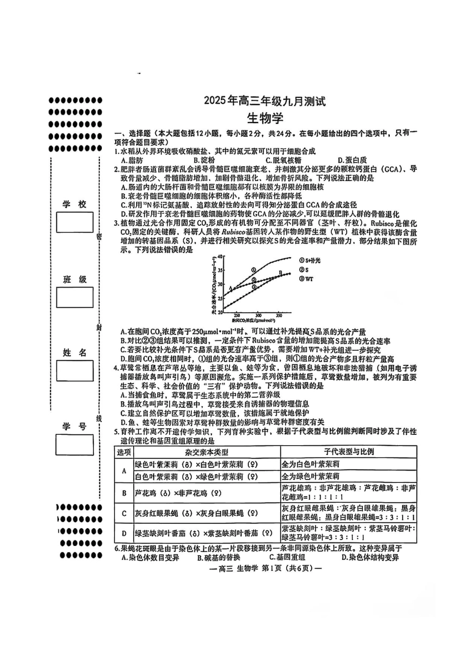 生物试卷【江西卷】江西省南昌市2025年高三年级九月测试(南昌零模)(9.16-9.17).pdf_第1页