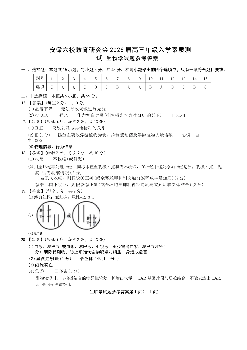 生物试卷答案【安徽卷】安徽省六校联考暨安徽六校教育研究会2026届高三入学素质检测(9.11-9.12).docx_第1页