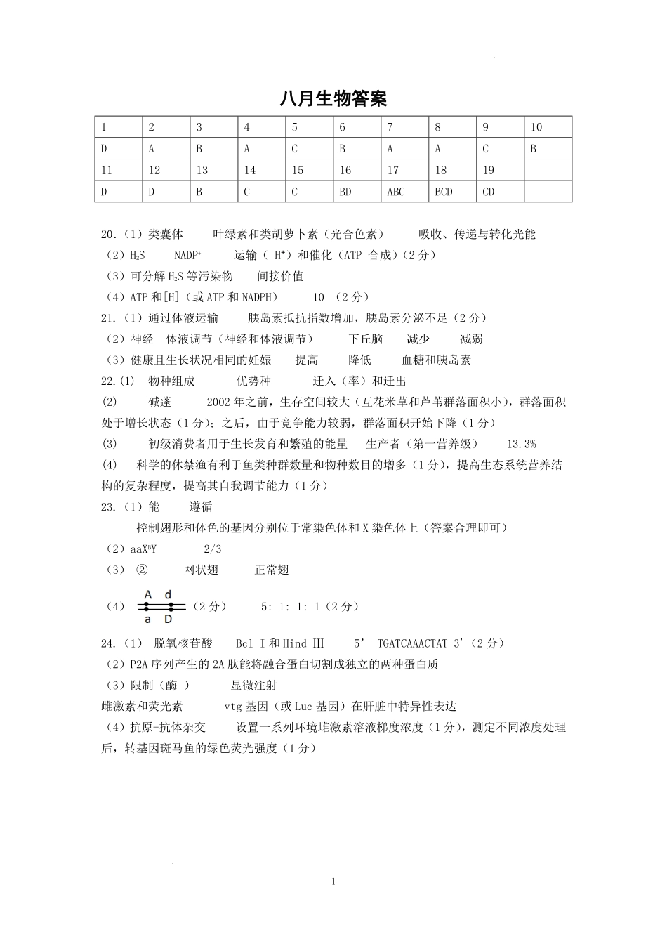 生物试卷答案【江苏卷】江苏省南京市六校联合体2025-2026学年2026届高三上学期8月学情调研测试（8.27-8.29）.pdf_第1页