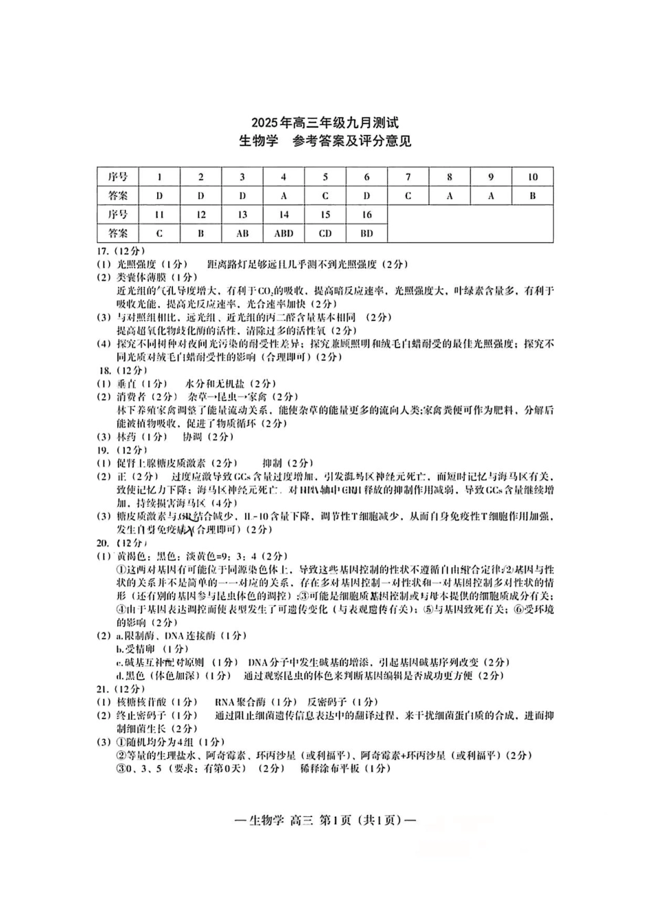 生物试卷答案【江西卷】江西省南昌市2025年高三年级九月测试(南昌零模)(9.16-9.17).pdf_第1页