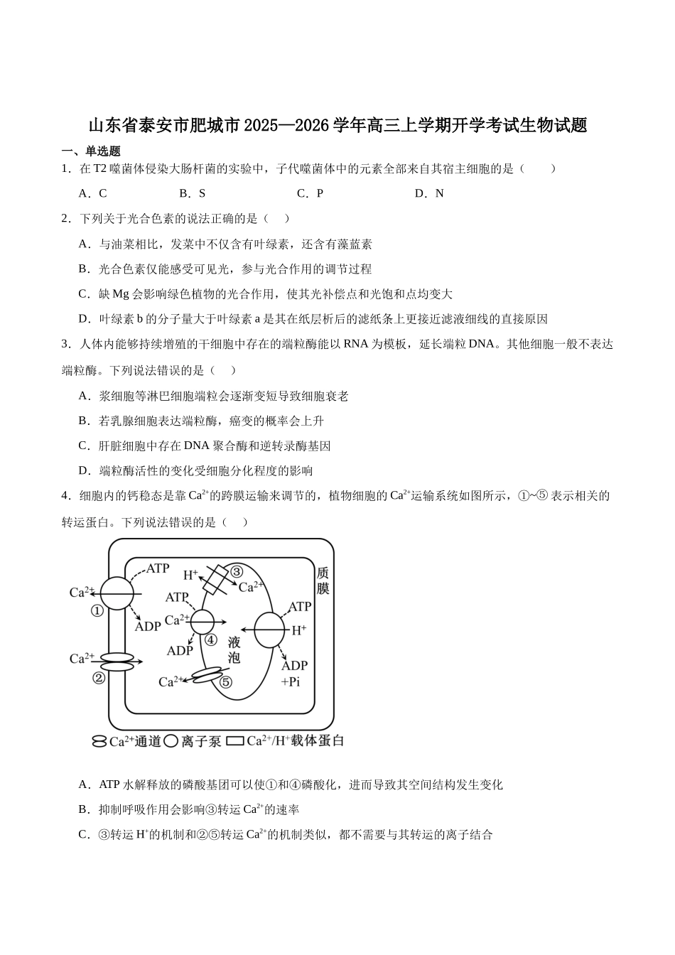 生物试题卷+答案【山东卷】山东省泰安肥城市2025-2026学年高三上学期开学学情诊断（9.10-9.11）.docx_第1页