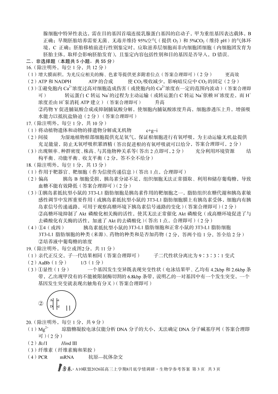 生物学试卷答案【高清版补齐重发】【安徽卷】安徽省1号卷A10联盟2026届高三上学期8月底学情调研(8.28-8.29).pdf_第3页