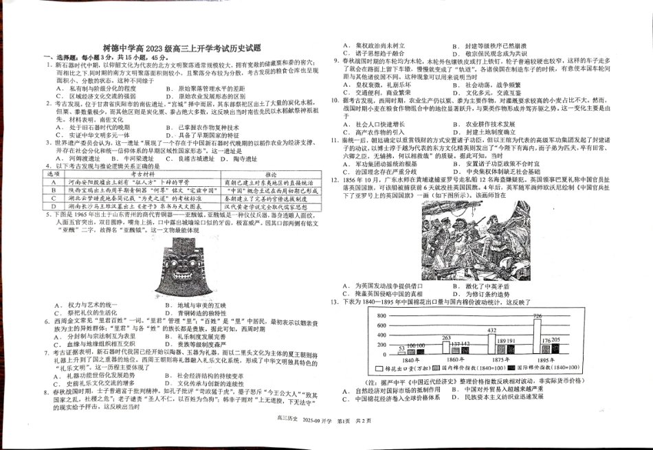 树德中学高2023级高三上开学考试历史.pdf_第1页