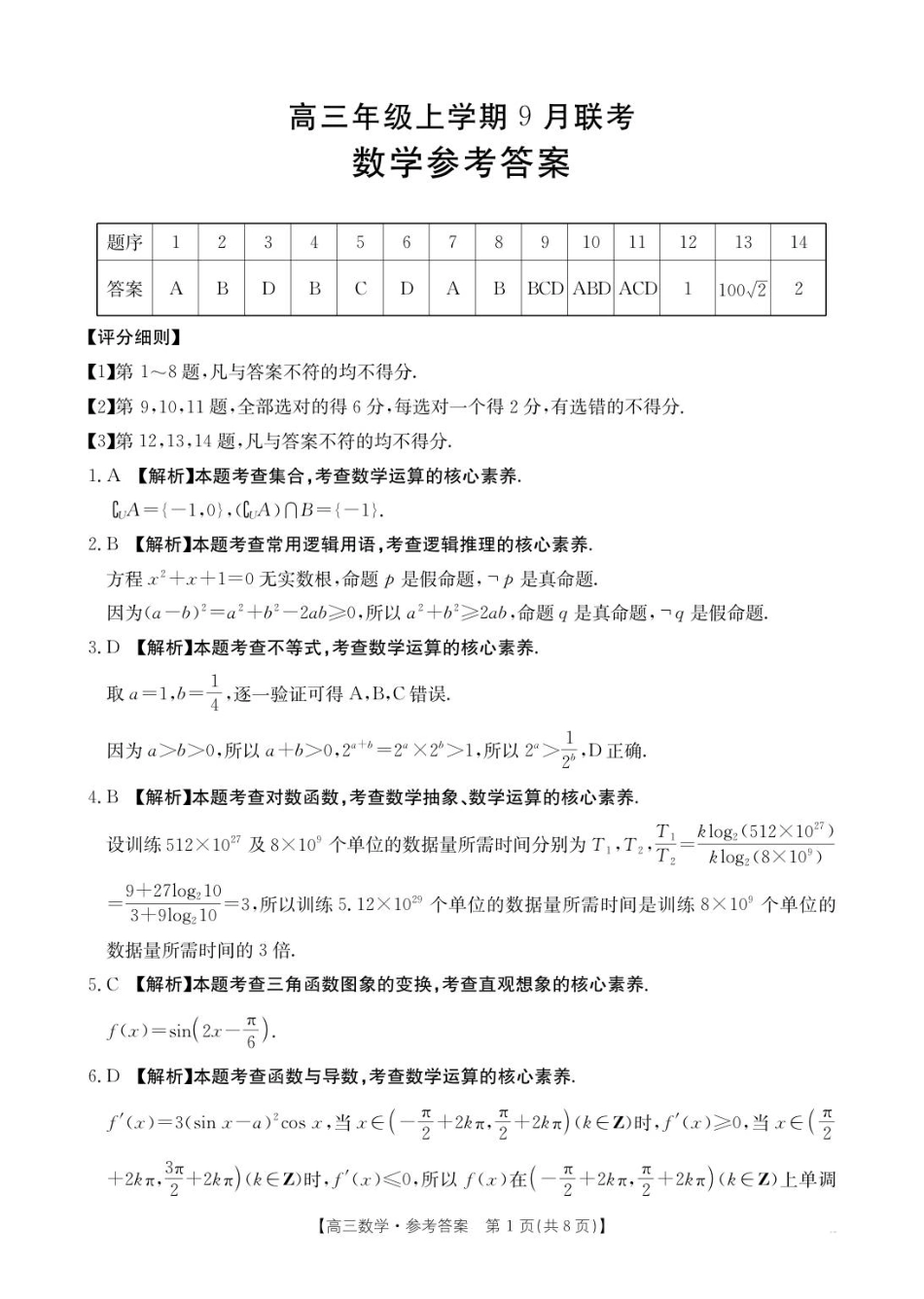 数学试卷(下标C2)答案【河北卷】河北省金太阳2025-2026学年高三上学期9月联考(26-24C)（9.24-9.25）.pdf_第1页