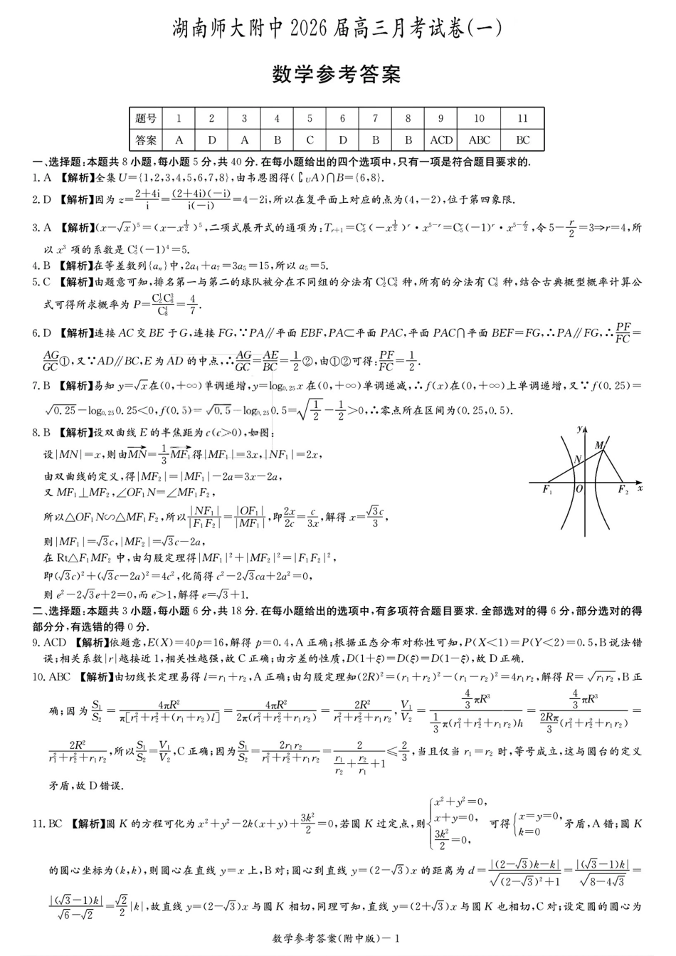 数学试卷答案【Top15强校】【湖南卷】湖南省长沙市湖南师范大学附属中学2026届高三上学期8月月考试卷（一）(8.29-8.30).pdf_第1页