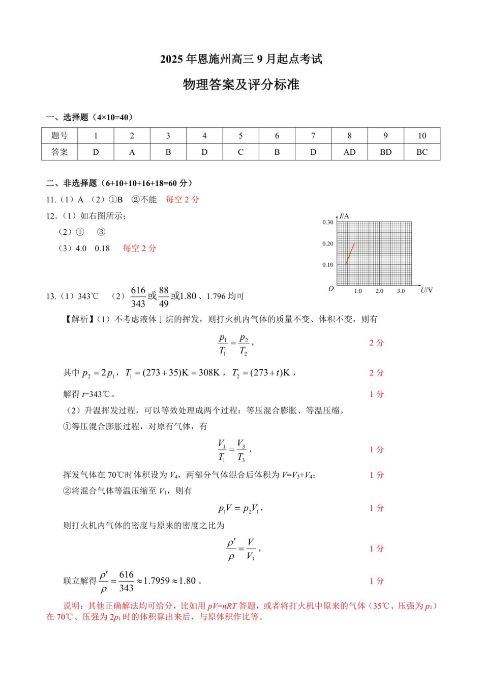 物理试卷(恩施)答案【湖北卷】湖北省（黄石市荆门市鄂州市咸宁市恩施州）2026届高三9月起点考试（9.17-9.18）.pdf_第1页