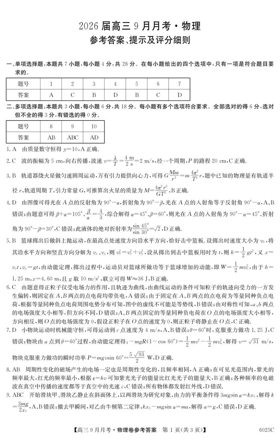 物理试卷答案【广东卷卷】广东省纵千文化2025-2026学年高三上学期9月月考（6025C）（9.12-9.13）.pdf_第1页