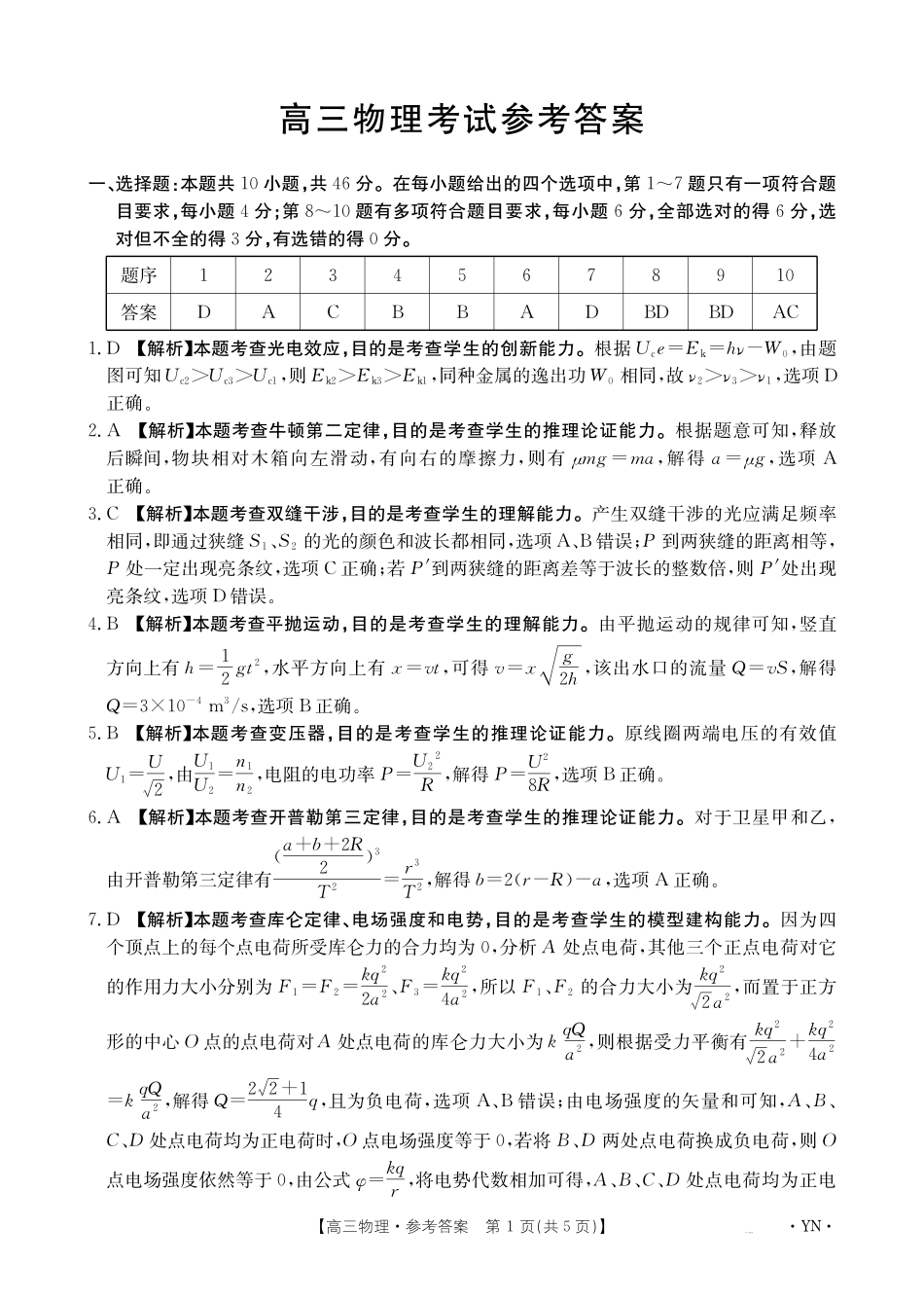 物理试卷答案【云南卷】云南省金太阳2026届高三上学期8月百万大联考(下标YN)（26-1001C）（8.26-8.27）.pdf_第1页