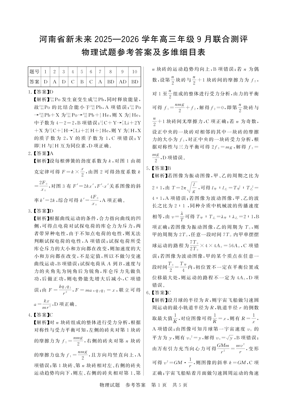 物理试题卷答案【河南卷】河南省新未来2025-2026学年高三年级上学期9月份联合测评（9.4-9.5）.pdf_第1页