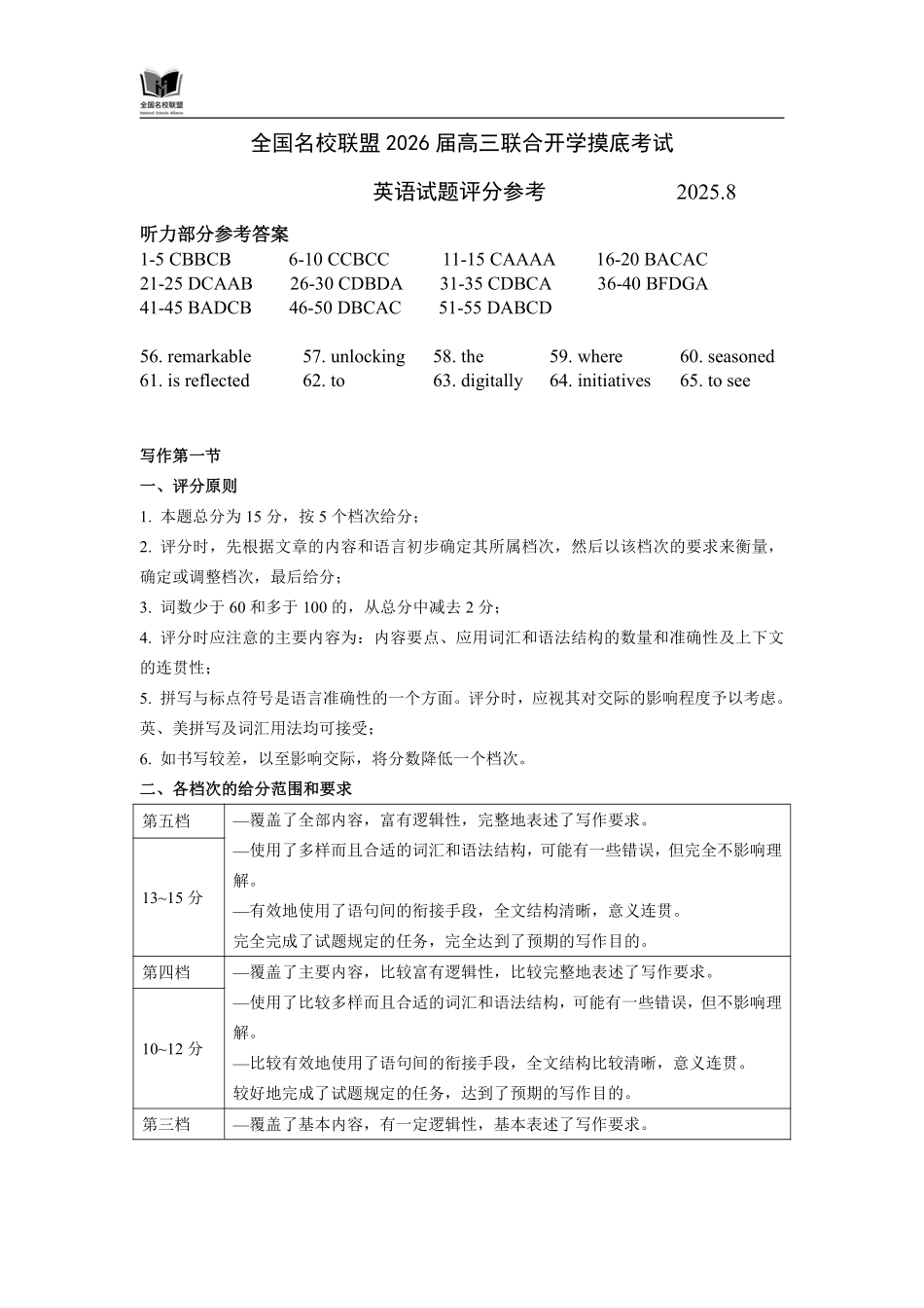 英语试卷(N)评分参考【黑吉辽蒙卷】内蒙古全国名校联盟2026届高三联合开学摸底考试（8.28-8.29）.pdf_第1页