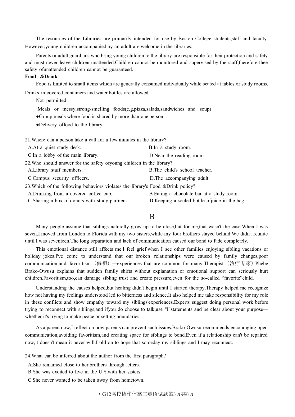 英语试题卷【浙江卷】浙江省G12名校协作体2025学年第一学期9月高三年级暑假返校联考(9.1-9.2).pdf_第3页