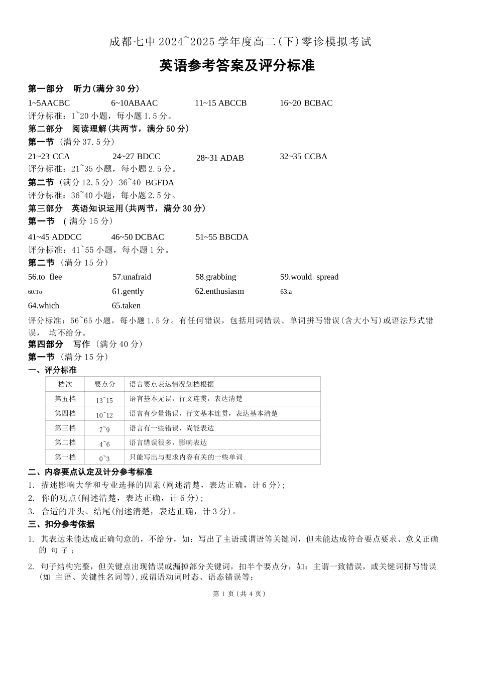 英语试题卷答案【全国十强校】【成七零诊】四川省成都市第七中学2024-2025学年度下期高2026届零诊模拟考试（6.23-6.25）.docx_第1页