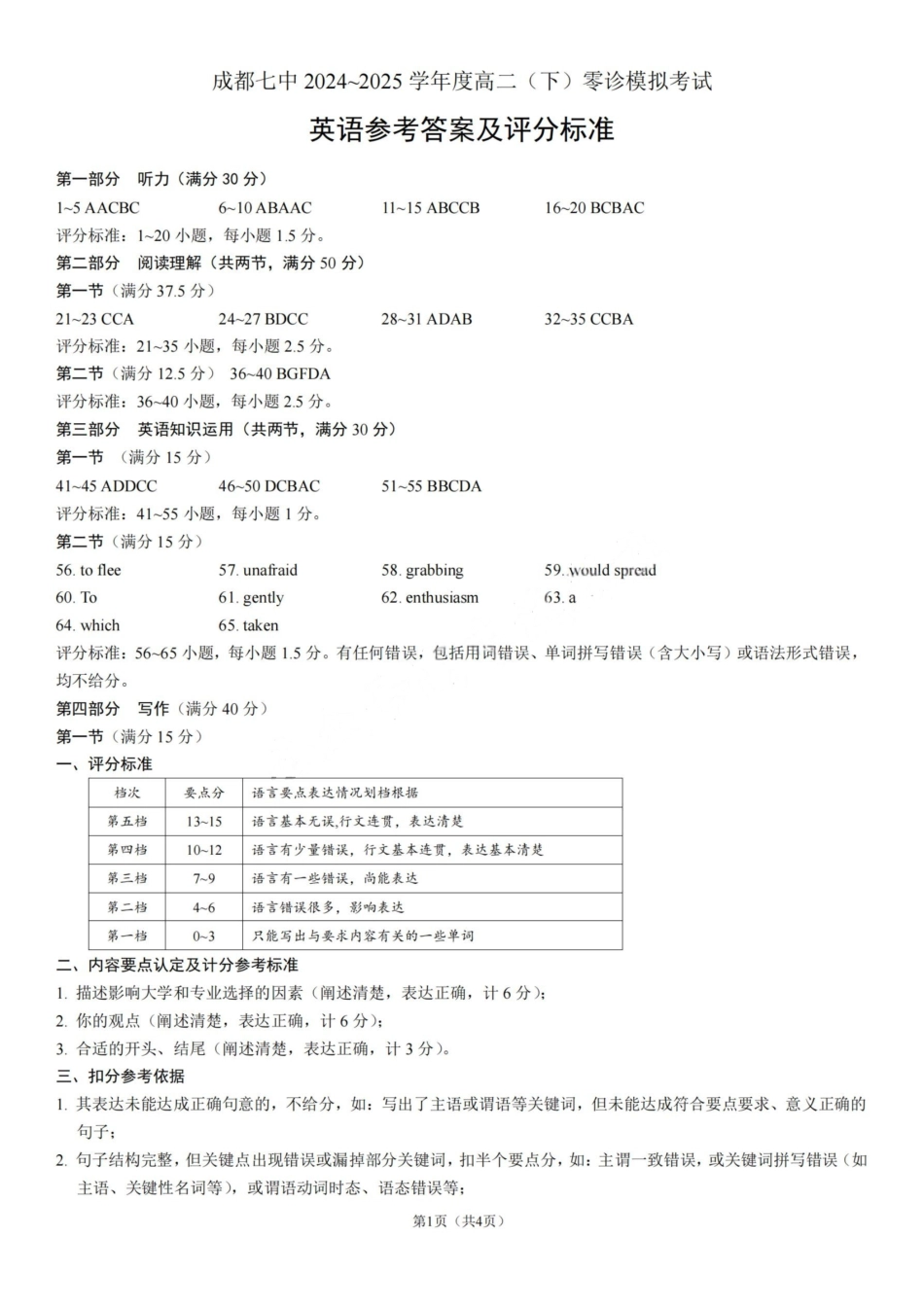 英语试题卷答案【全国十强校】【成七零诊】四川省成都市第七中学2024-2025学年度下期高2026届零诊模拟考试（6.23-6.25）.pdf_第1页