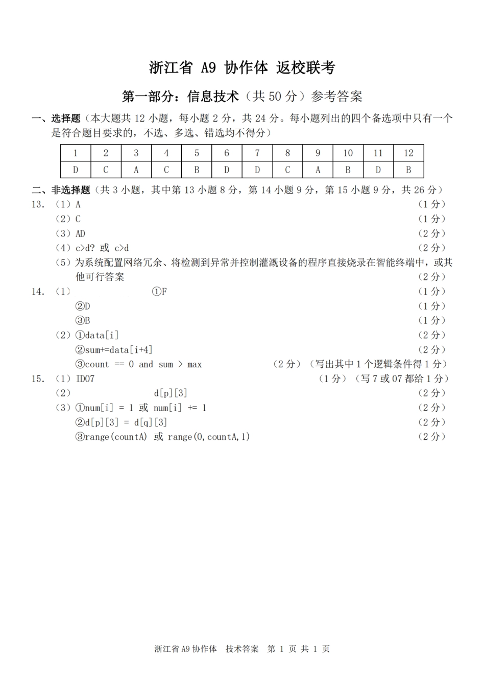 浙江省A9协作体暑假返校联考技术答案.pdf_第1页