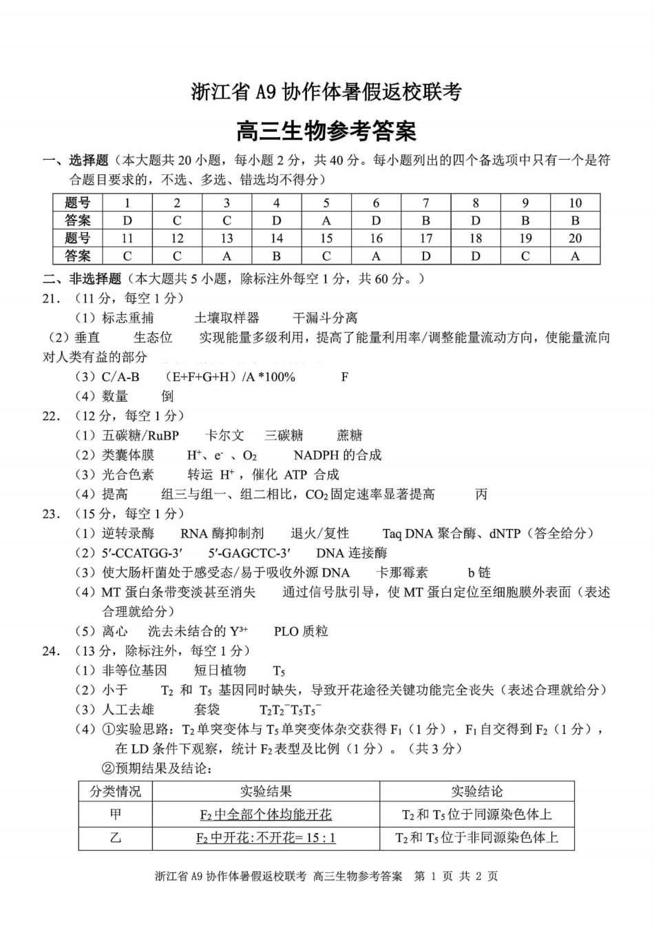 浙江省A9协作体暑假返校联考生物答案.pdf_第1页