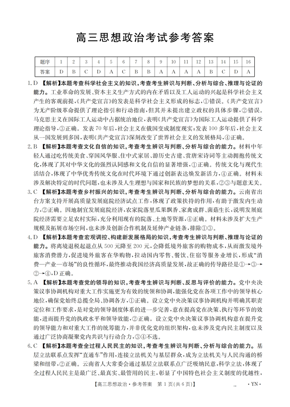 政治试卷(下标YN)答案【云南卷】云南省金太阳2026届高三9月开学联考（26-1002C）（9.9-9.10）.pdf_第1页