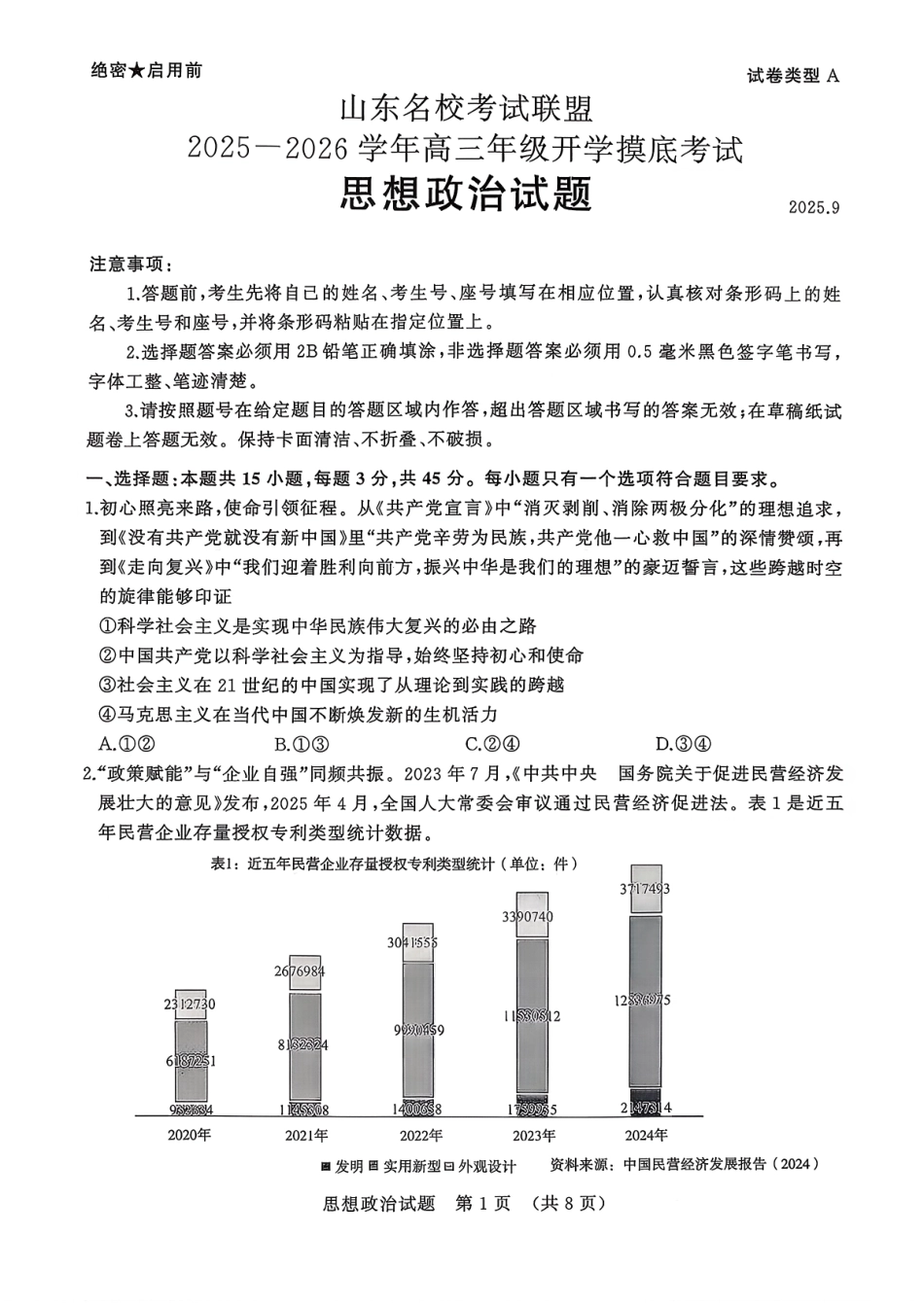 政治试卷【山东卷】山东省名校考试联盟2025-2026学年高三开学摸底考试(9.4-9.5).pdf_第1页