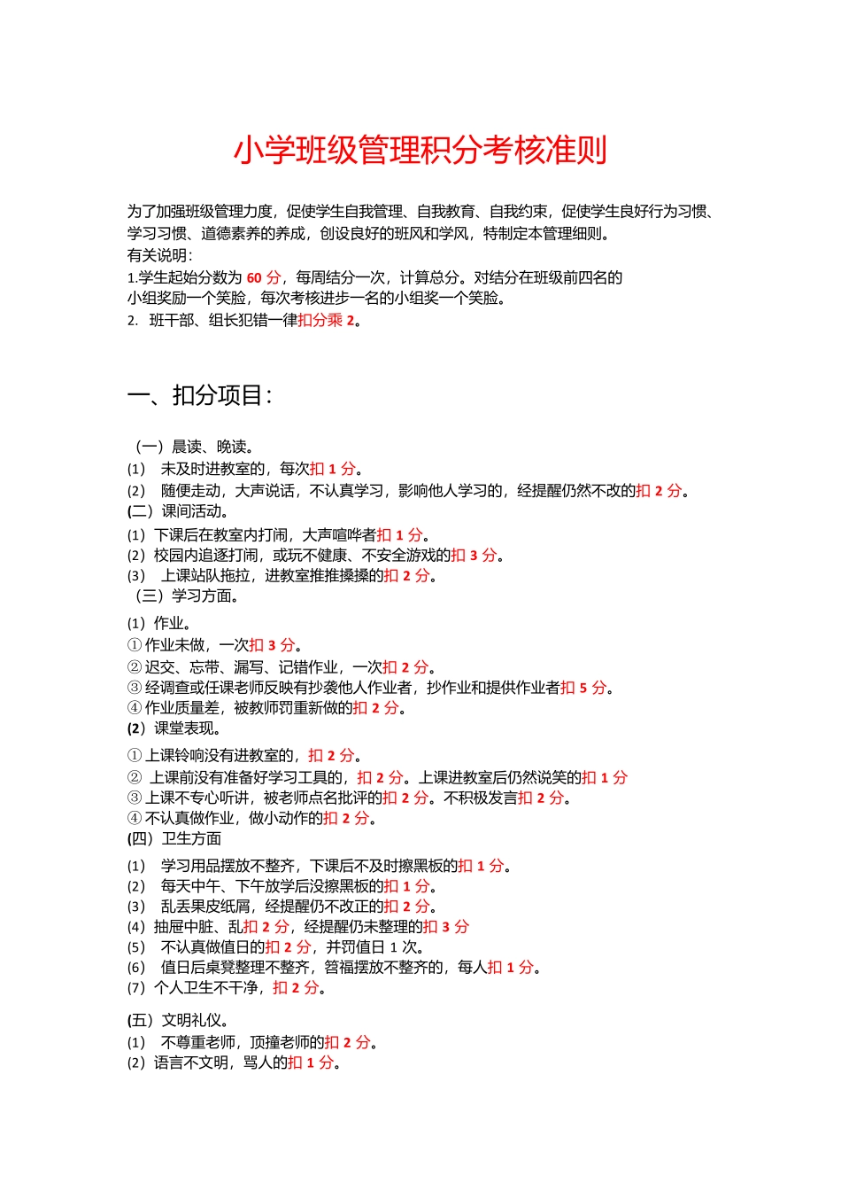 小学班级管理积分考核准则.docx_第1页