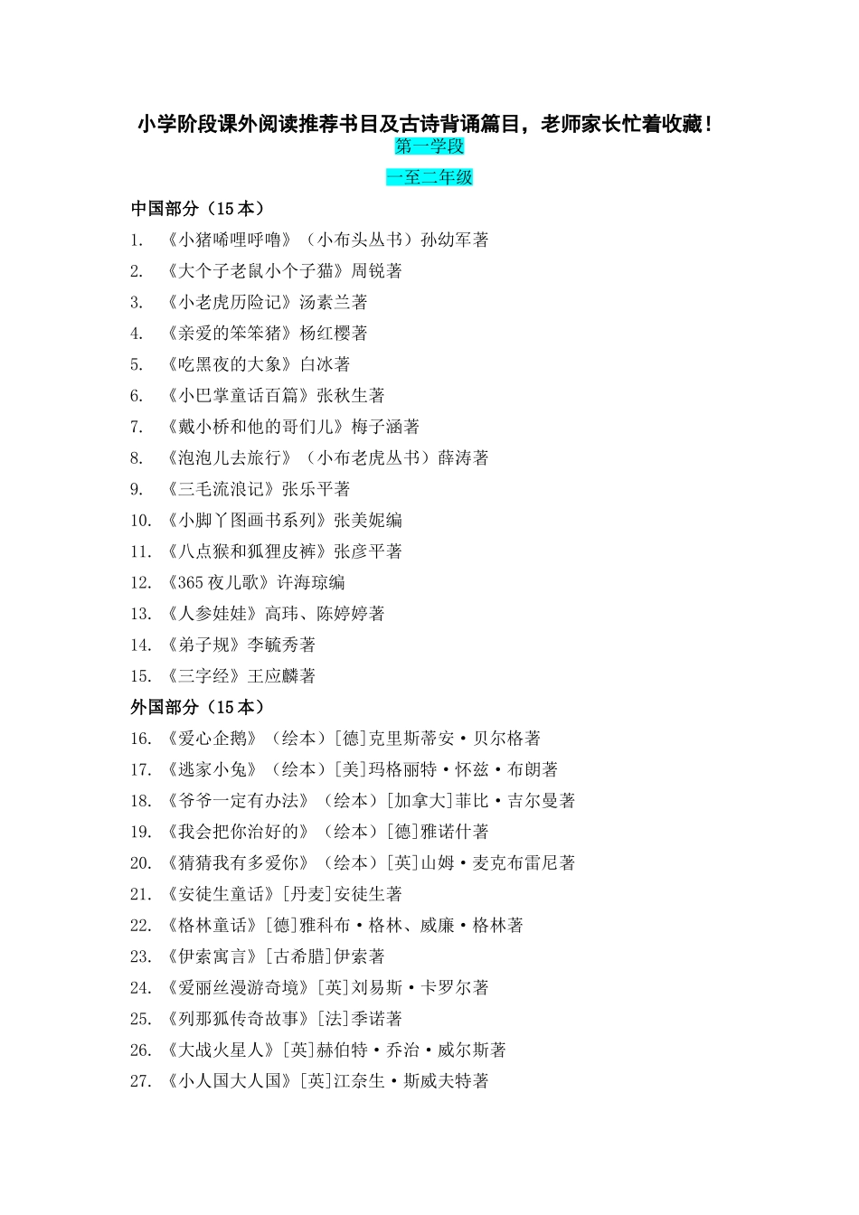 小学阶段课外阅读推荐书目及古诗背诵篇目，老师家长忙着收藏！.doc_第1页