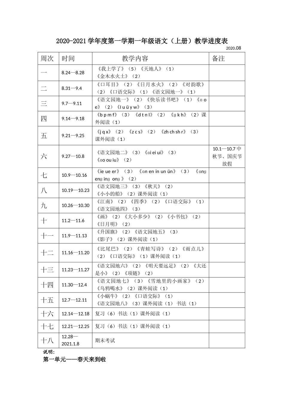 一年级上册语文教学进度表.doc_第1页