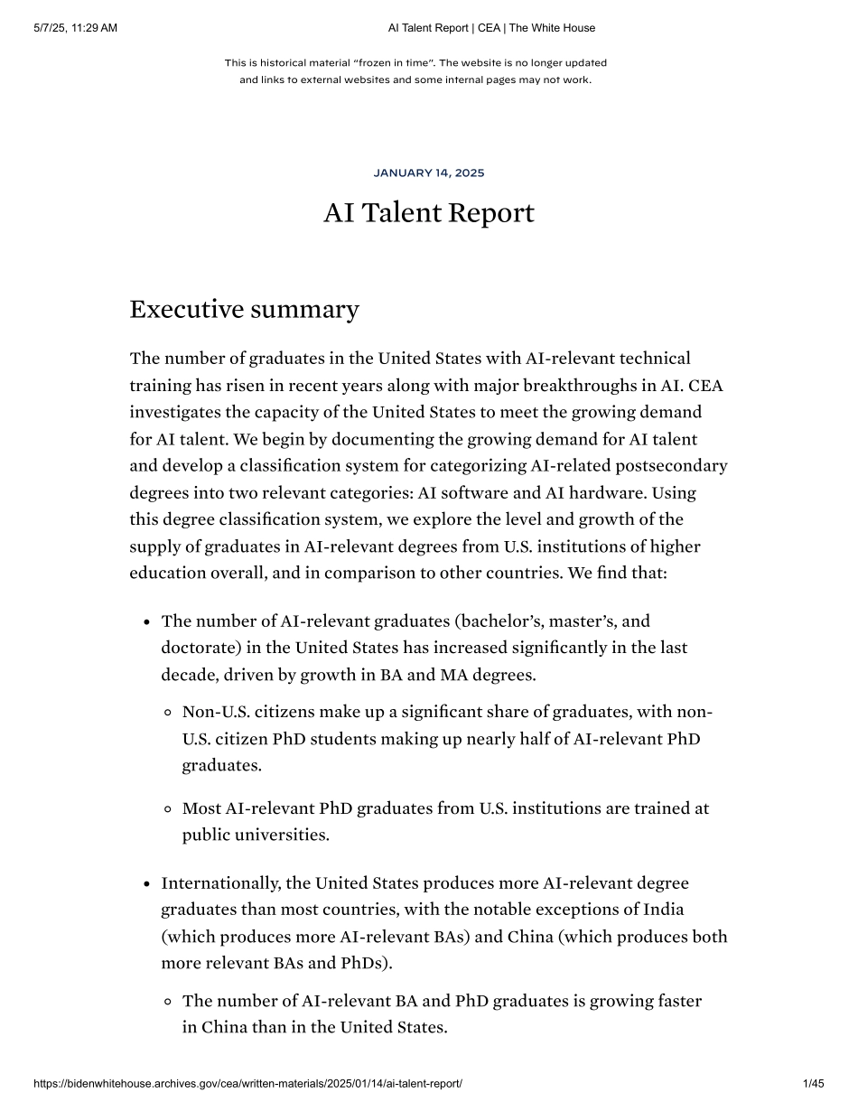 2025年人工智能人才报告（英文版）-白宫经济顾问委员会（CEA）.pdf_第1页
