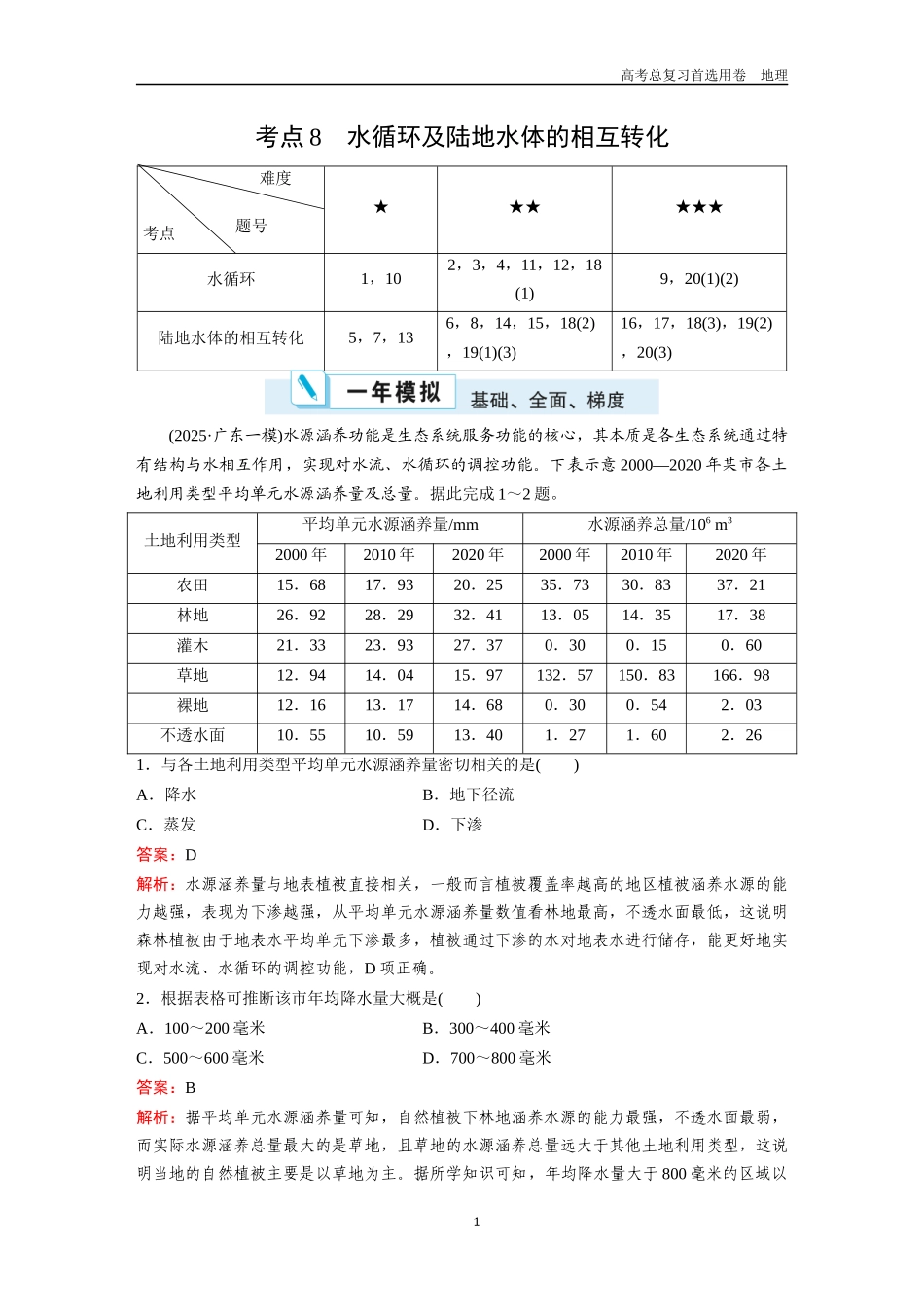 2026版《金版教程》高考一轮复习地理考点8  水循环及陆地水体的相互转化.docx_第1页