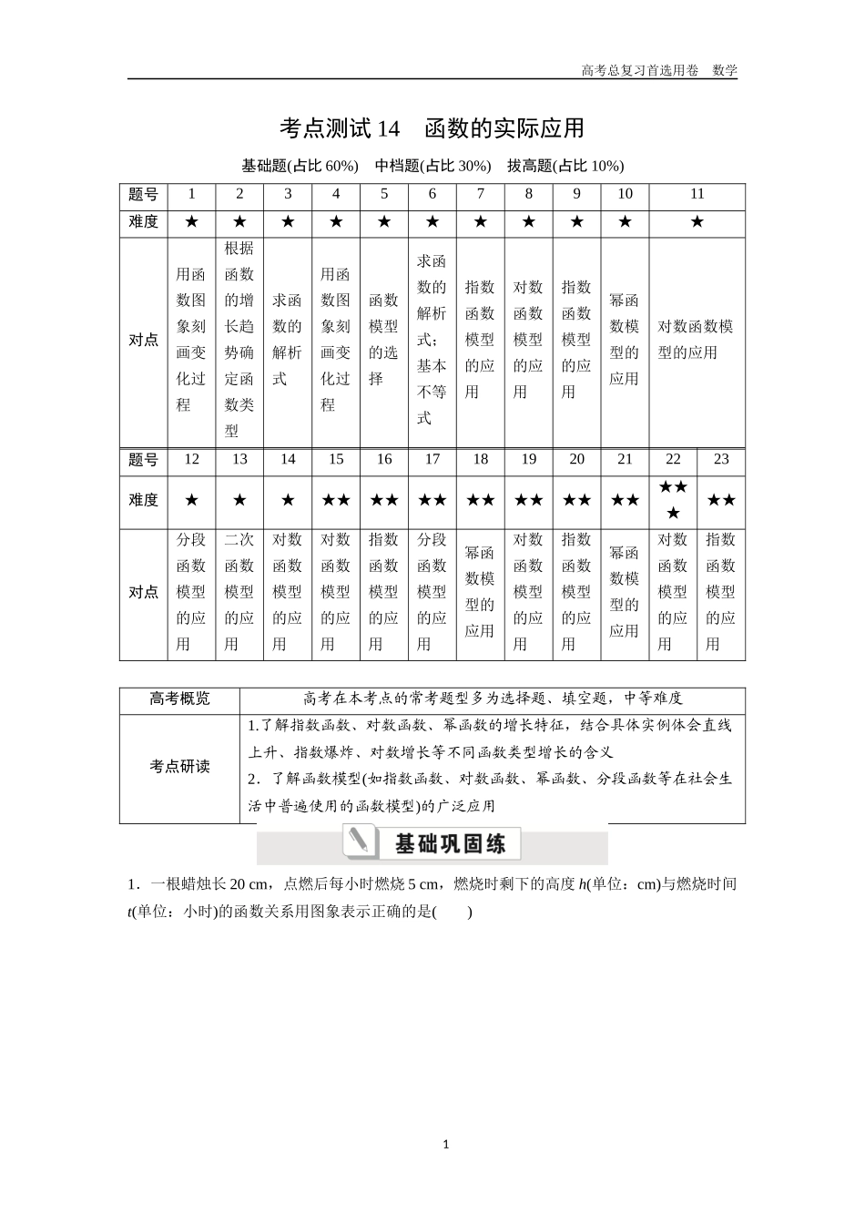 2026版《金版教程》高考一轮复习数学第二章  考点测试14  函数的实际应用.docx_第1页