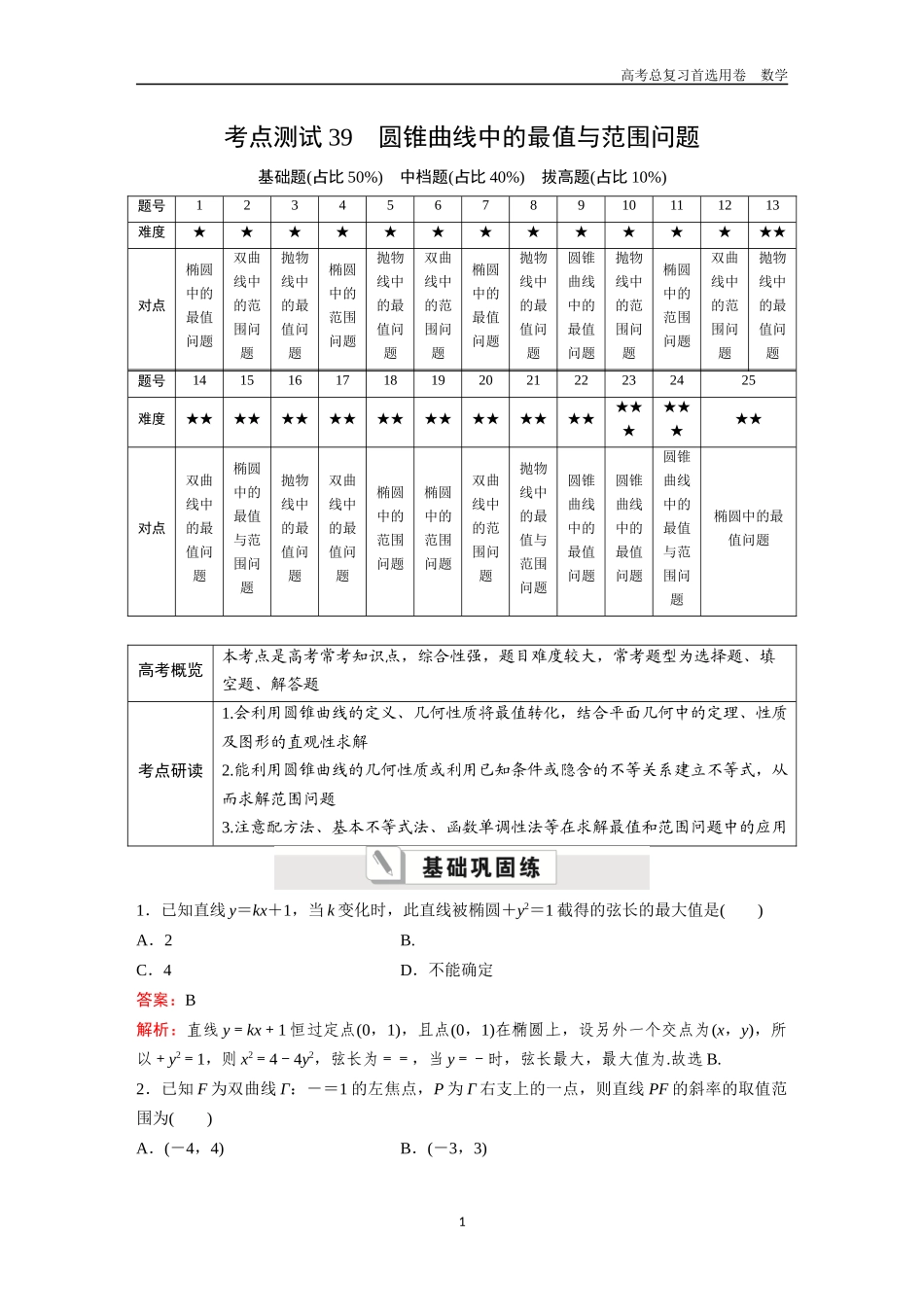 2026版《金版教程》高考一轮复习数学第六章  考点测试39  圆锥曲线中的最值与范围问题.docx_第1页