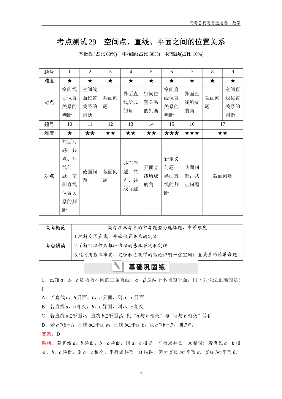 2026版《金版教程》高考一轮复习数学第五章  考点测试29  空间点、直线、平面之间的位置关系.docx_第1页