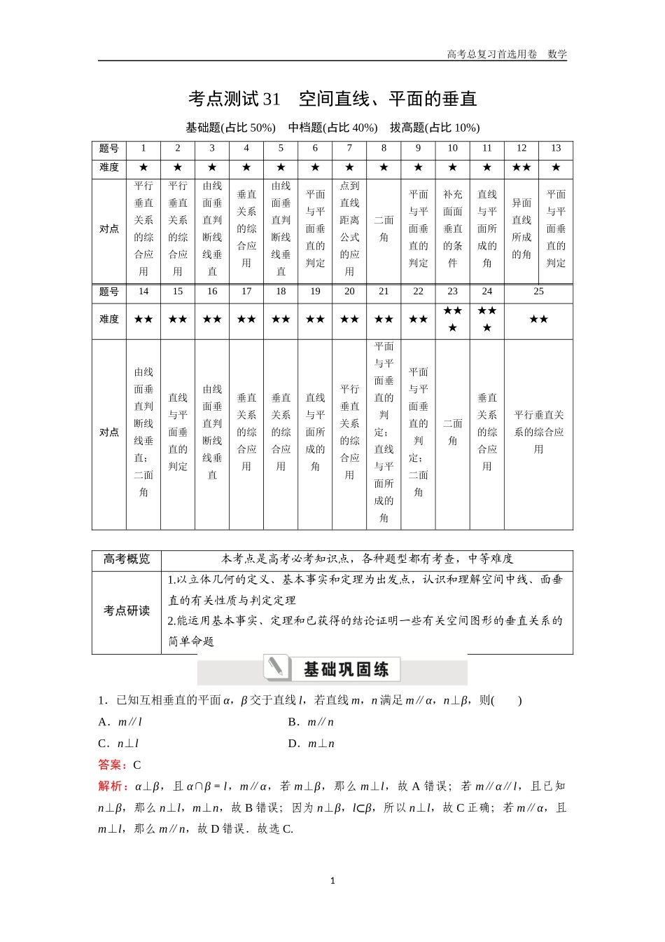 2026版《金版教程》高考一轮复习数学第五章  考点测试31  空间直线、平面的垂直.docx_第1页