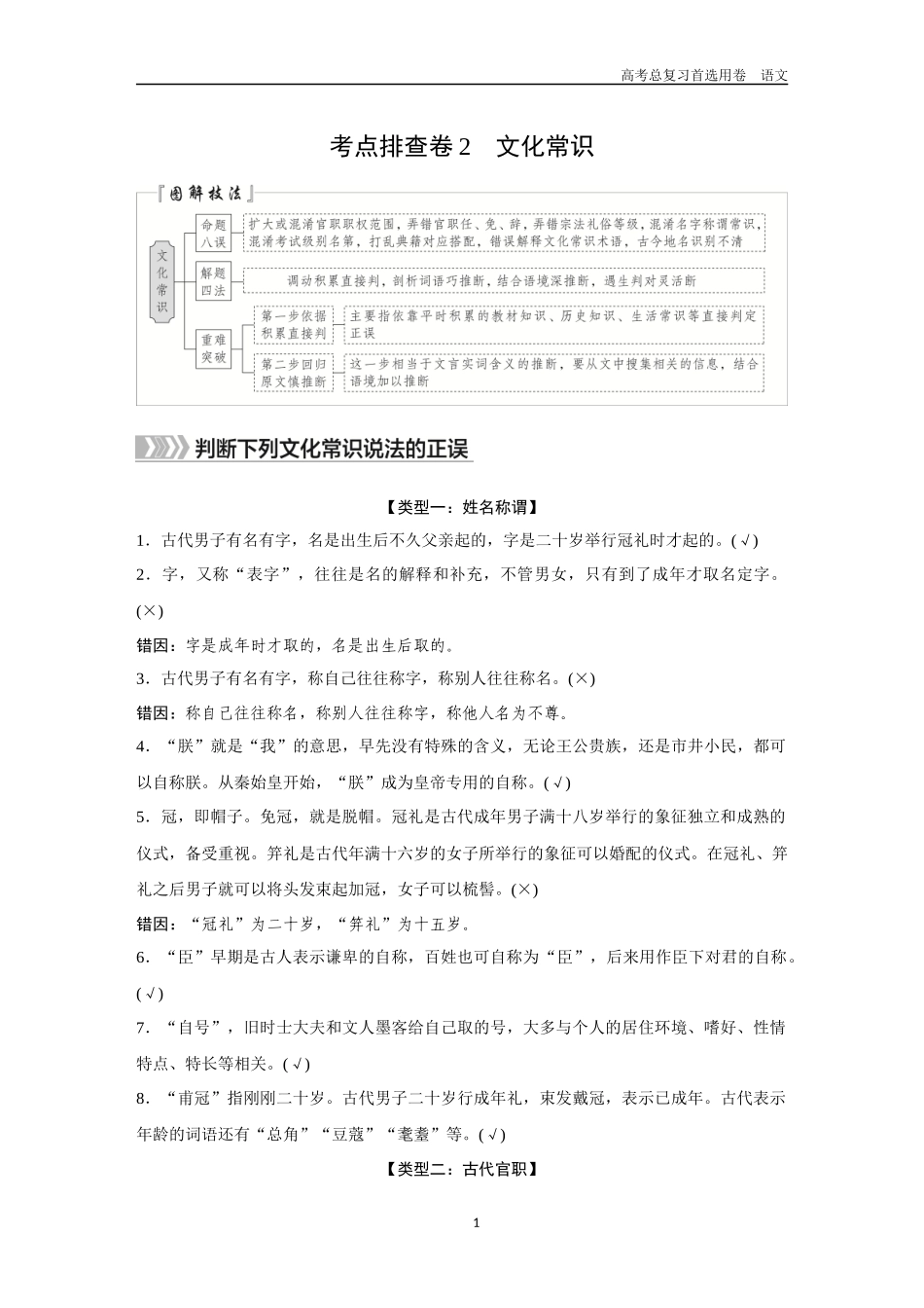 2026版《金版教程》高考一轮复习语文考点排查卷2  文化常识.docx_第1页