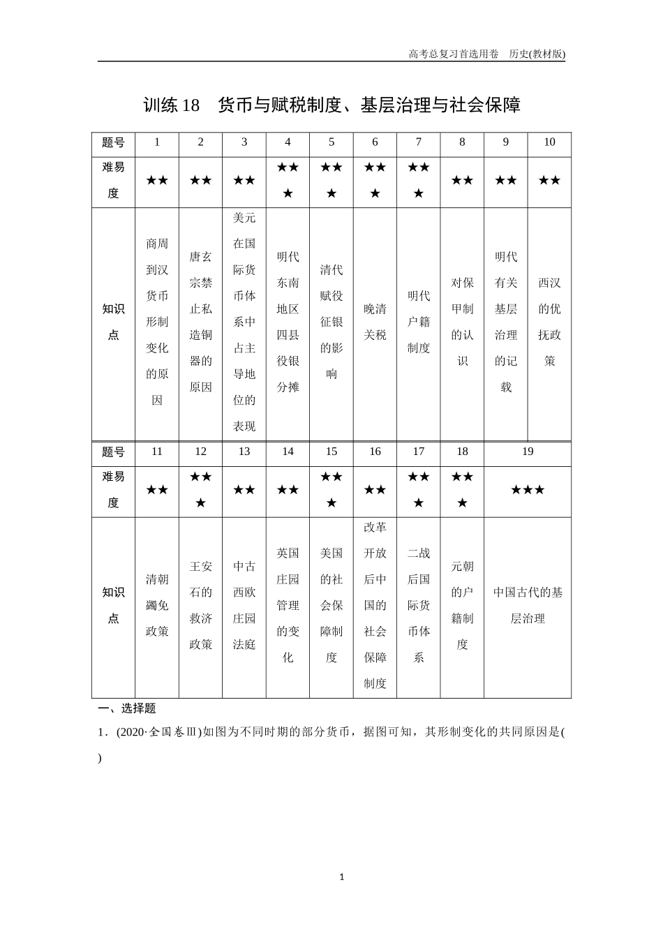 2026版《金版教程》高考总复习历史教材版新第二部分  训练18　货币与赋税制度、基层治理与社会保障.docx_第1页