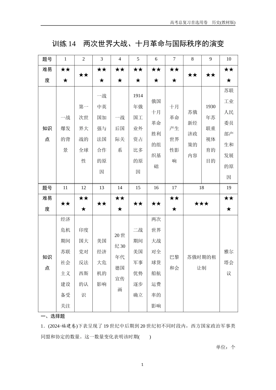 2026版《金版教程》高考总复习历史教材版新第一部分  训练14  两次世界大战、十月革命与国际秩序的演变.docx_第1页