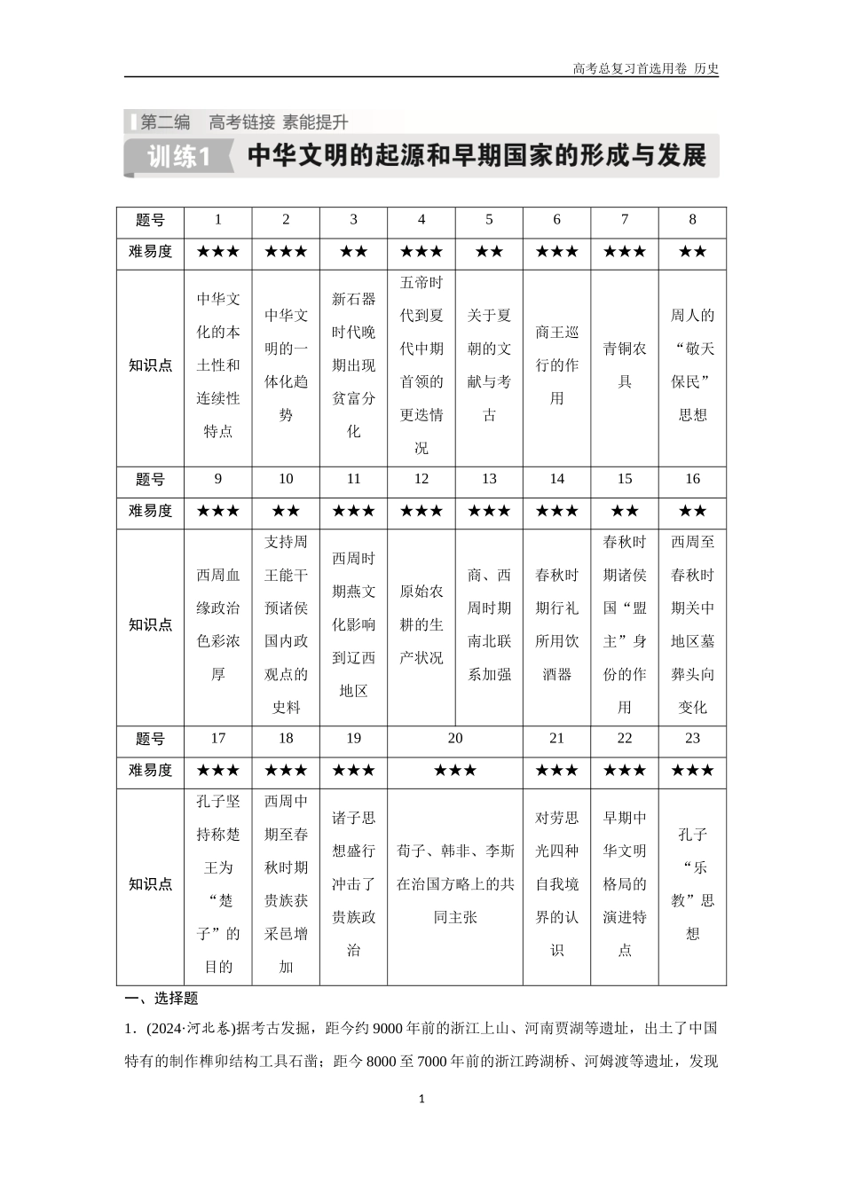 2026版《金版教程》高考总复习历史通史版新第二编  训练1  中华文明的起源和早期国家的形成与发展.docx_第1页
