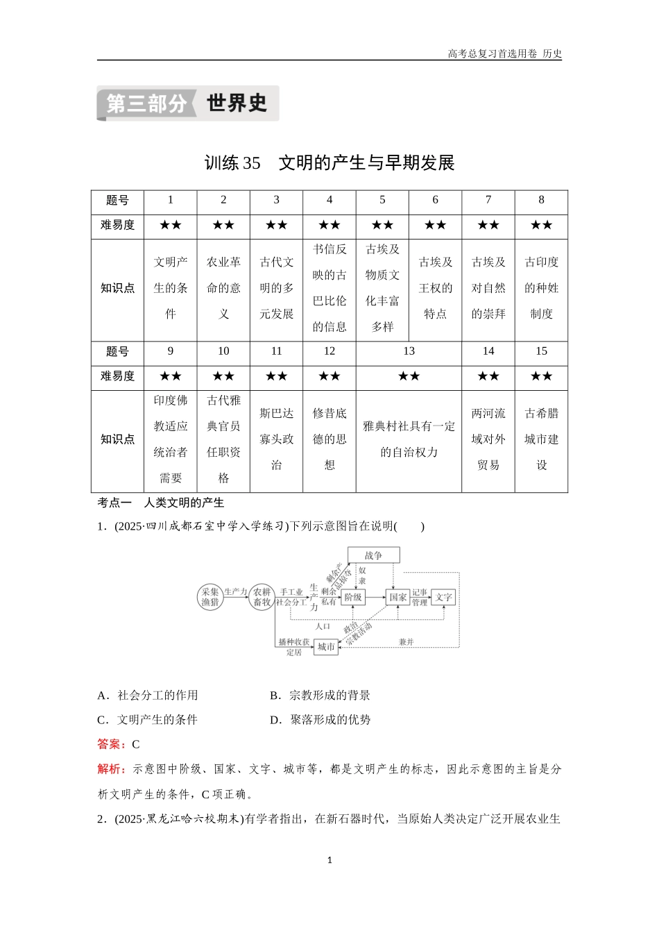 2026版《金版教程》高考总复习历史通史版新第三部分  训练35  文明的产生与早期发展.docx_第1页