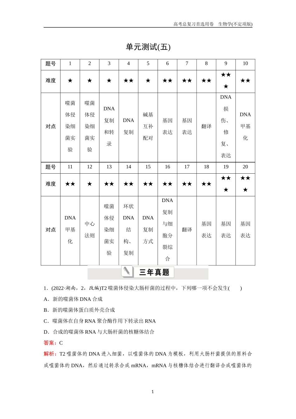 2026版《金版教程》高考总复习生物不定项版终新单元测试(五).docx_第1页