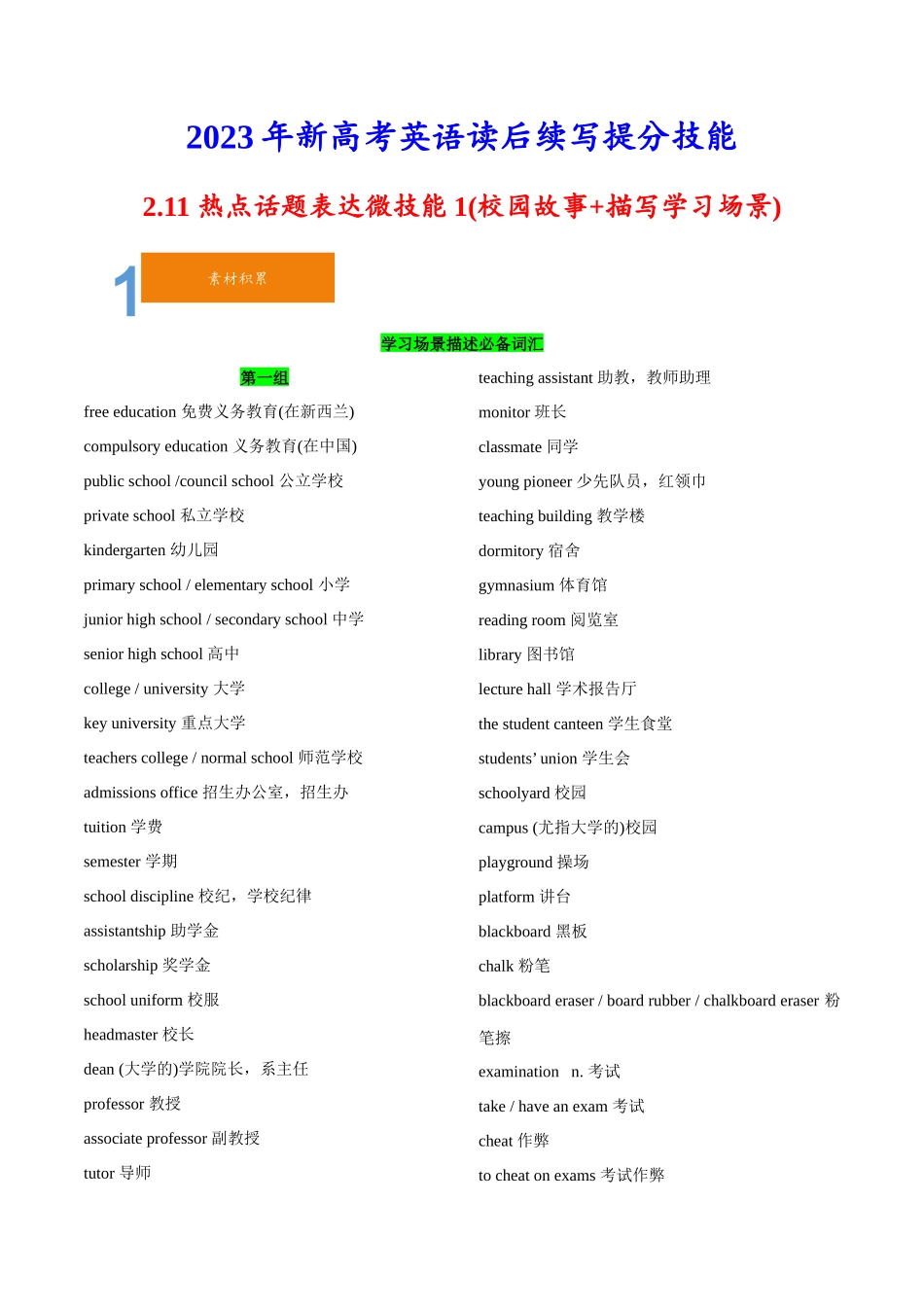 2.11热点话题表达微技能1(校园故事+描写学习场景)-2023年新高考英语读后续写提分技能.docx_第1页