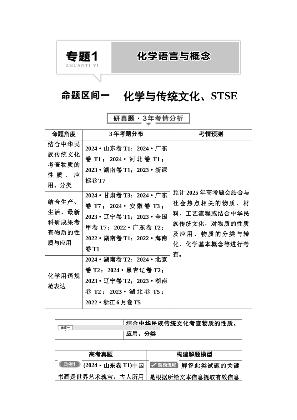 2026版《课堂新坐标》高三化学一轮复习不定项版1母题必读命题区间一化学与传统文化、STSE1.docx_第1页